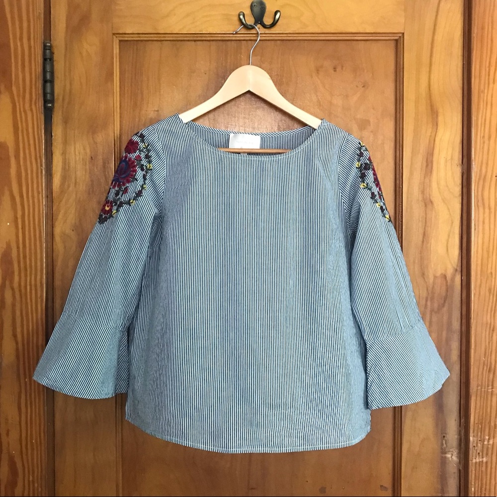 Skies are Blue - Striped Embroidered Top